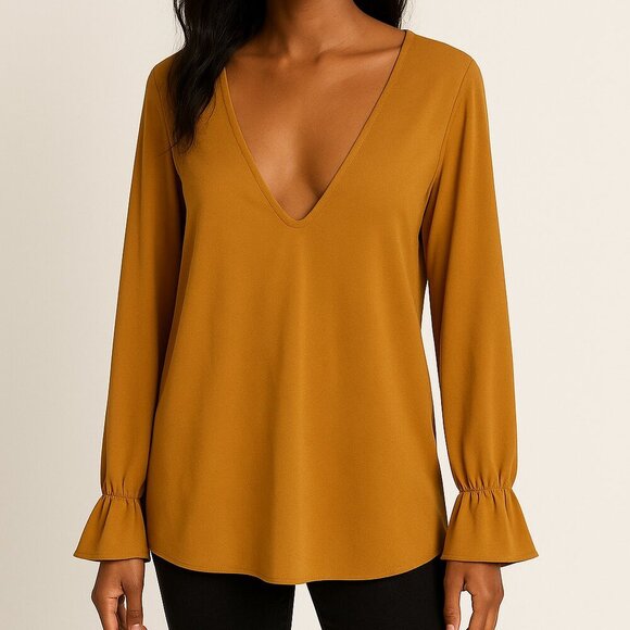 Michael Kors Mustard Yellow Flutter Sleeve V Neck Long Sleeve Top Sz 2x - Picture 1 of 10